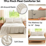 Queen Comforter Set Beige, 7 Pieces Soft Pinch Pleat Bed in a Bag Queen Comforter Set with Sheets