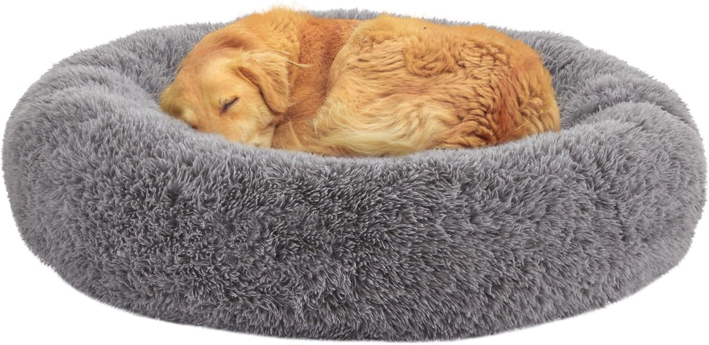 Calming Dog Beds for Large Dogs, Faux Fur Donut Cuddler Dog Bed, Round Fluffy Pillow, Washable Pet Bed for Dogs Up to