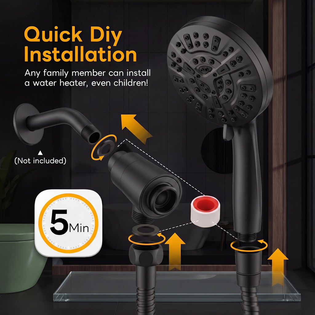High Pressure Handheld Shower Head Matte Black- Anti-clog Nozzles, Built-in Power Wash to Clean Tub, Wall & Overhead