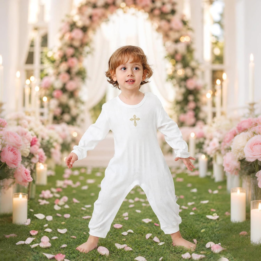 Baby Boy Baptism Outfit, 100% Cotton Christening Romper with Cross Embroidery, White Infant Onesie