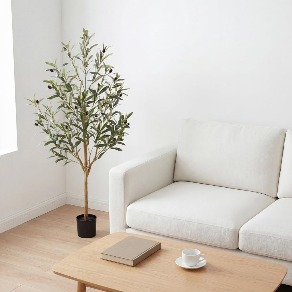 4FT Olive Trees Artificial Indoor, Fake Olive Tree with Natural Wood Trunk and Olive Branches and Lifelike Fruits, Faux