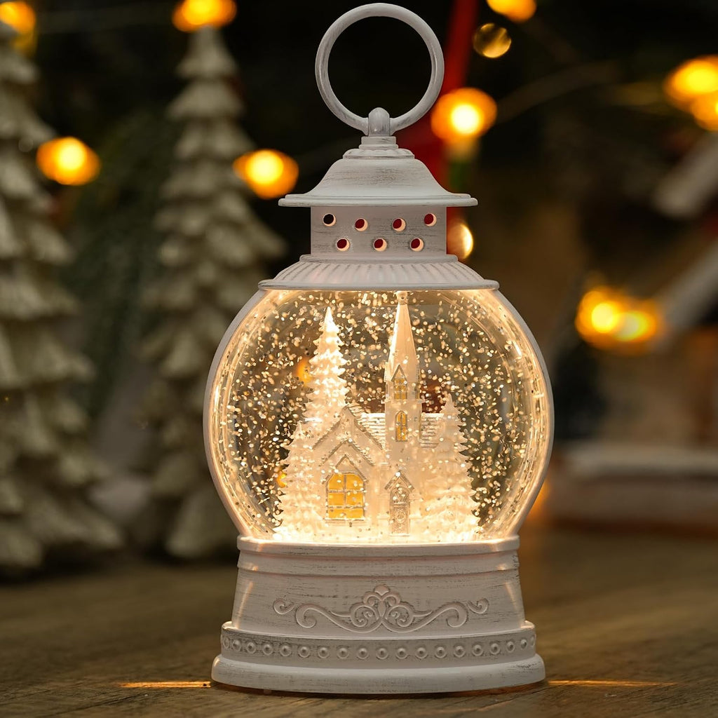 Christmas Church Snow Globe, Musical Snow Globe Lantern with Swirling Glitter, White Christmas Tree Churches, USB &