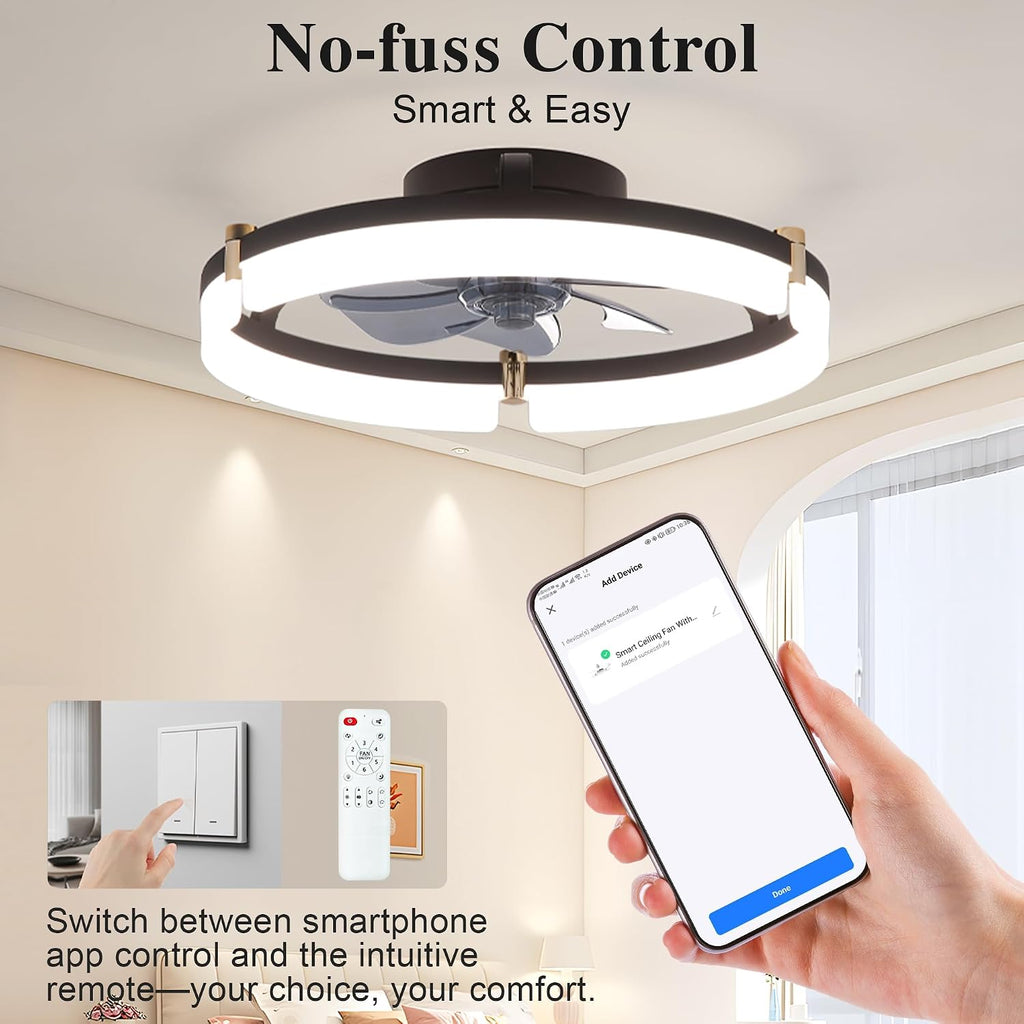 Smart Ceiling Fans with Lights Remote - 20'' WiFi Alexa Flush Mount Low Profile Modern Ceiling Fans - Stepless Color