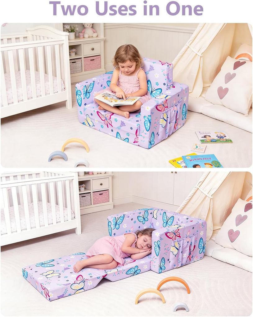 Toddler Couch, in-1 Foldable Kids Comfy Chair & Lounger, Purple Butterfly