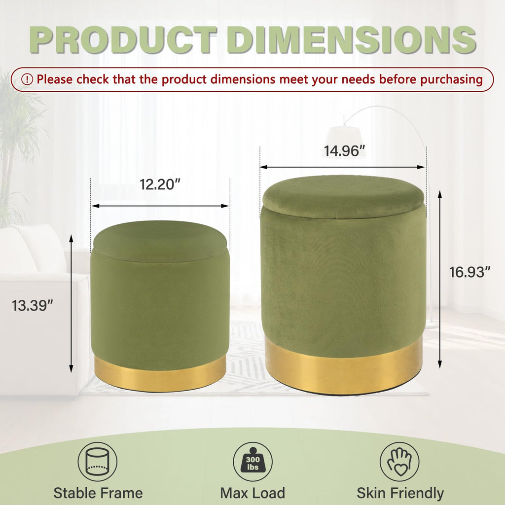 Round Ottoman with Storage Set of 2, Vanity Foot Stool with Storage, Nesting Upholstered Small Ottoman Foot Rest with