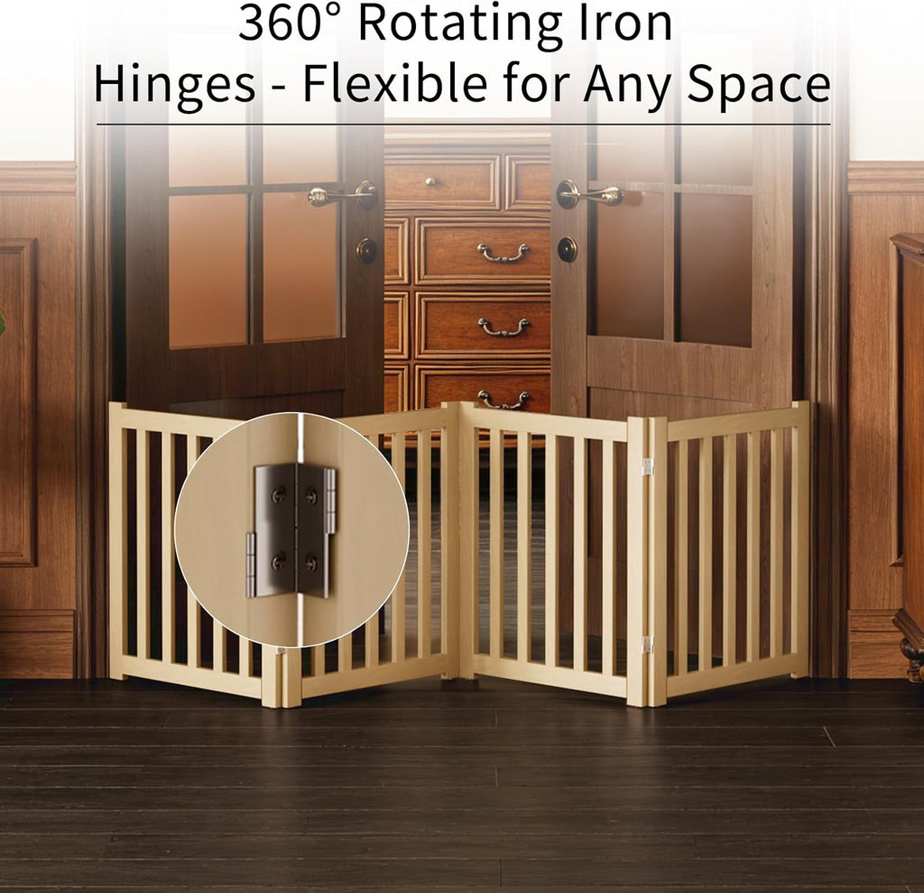 4-Panel Solid Wood Dog Gate - Freestanding Folding Pet Gate for Doorways, Stairs, Indoor, 24" Height, No Installation