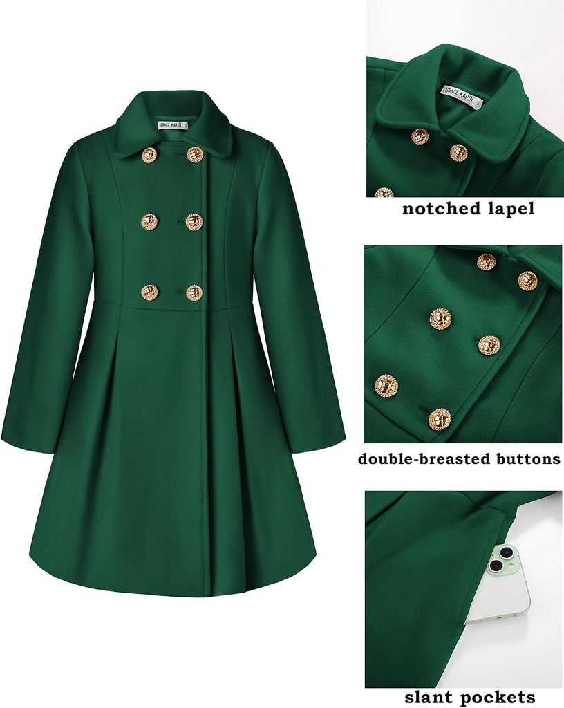 Girls Dress Coat Wool Peacoat with Lapel Pockets Winter Warm Long Jacket for Kids