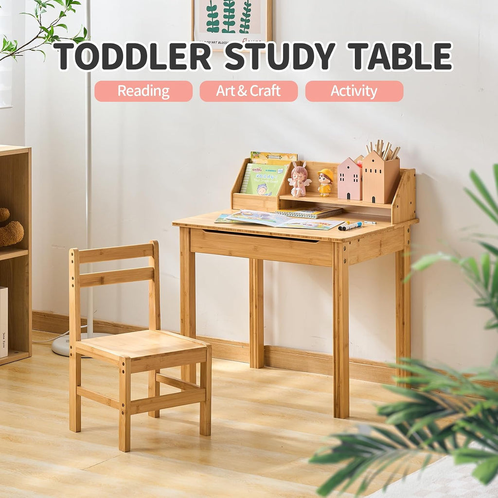 Bamboo Toddler Desk and Chair Set with Lift-Top Storage, Kids Study Table with Hutch and Bookshelf, Writing Reading