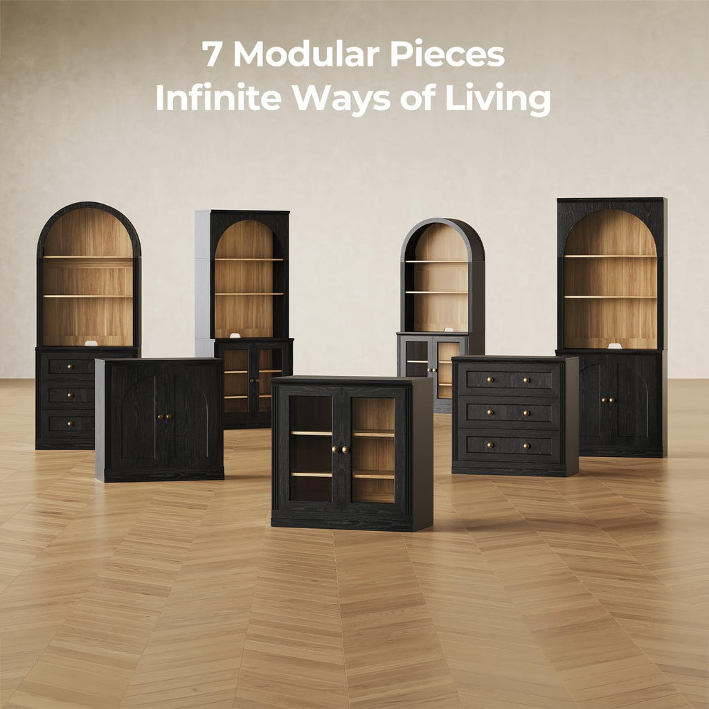Monos 95" Storage Cabinet Set of 3 with Doors & Shelves, Modular Fluted Accent Arched Sideboard Buffet Cabinet