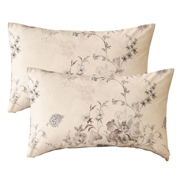 100% Cotton Beige Flannel-Like Pillow Cases Standard Size Set of 2, 20''×30'', French Country Toile Flower Printed