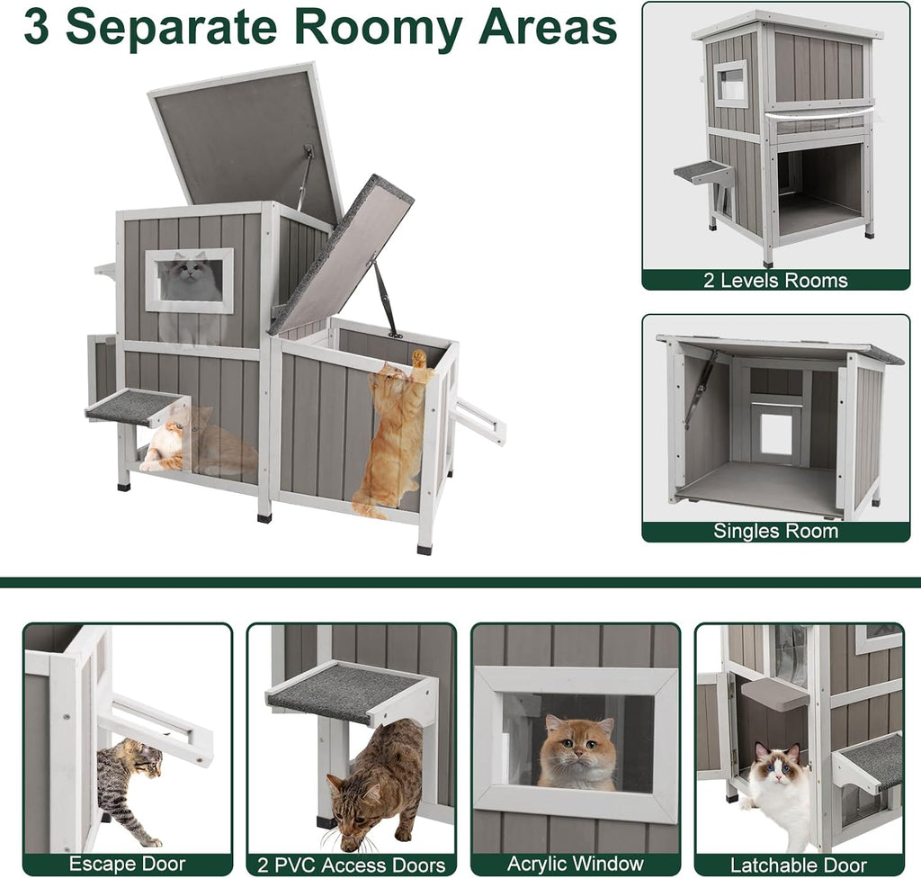 Cat House Outdoor Cat Shelter for 2-3 Feral Cats Two Story Wooden Cat Houses for Outside Cats Weatherproof in 3