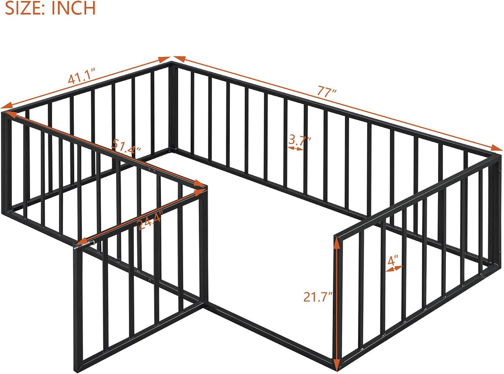 Floor Bed with Fence and Door, Heavy Duty Metal Montessori Floor Bed with Rails, Low-Profile Montessori Beds