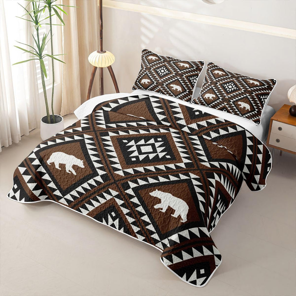 Western Boho Quilt Set Aztec Quilted Bedspread Lightweight Coverlet Set Wild West Bear Bedding Set with