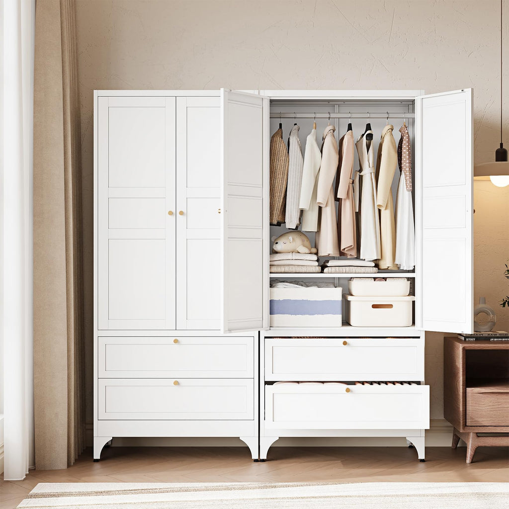 Metal Armoire Wardrobe Closet with Drawers, Clothing Storage Cabinet with Doors and Shelves, Coat Closet with Hanging