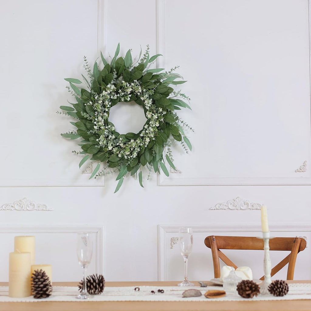 26" Large Artificial Eucalyptus & Flower Wreath for Front Door(Green-White)