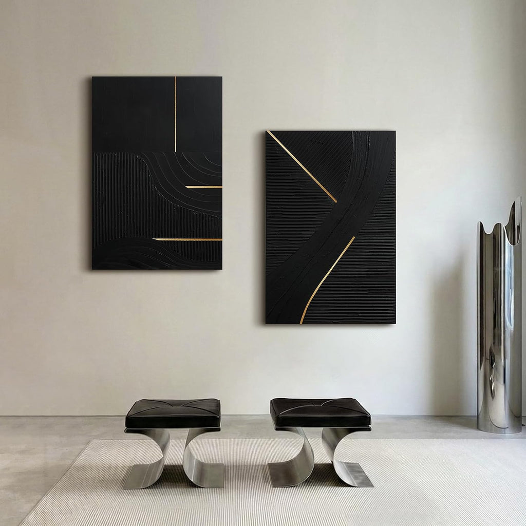 Hand-Painted Black & Gold Abstract Wall Art, Modern Textured Oil Painting | Original Vertical Canvas Artwork Bedroom