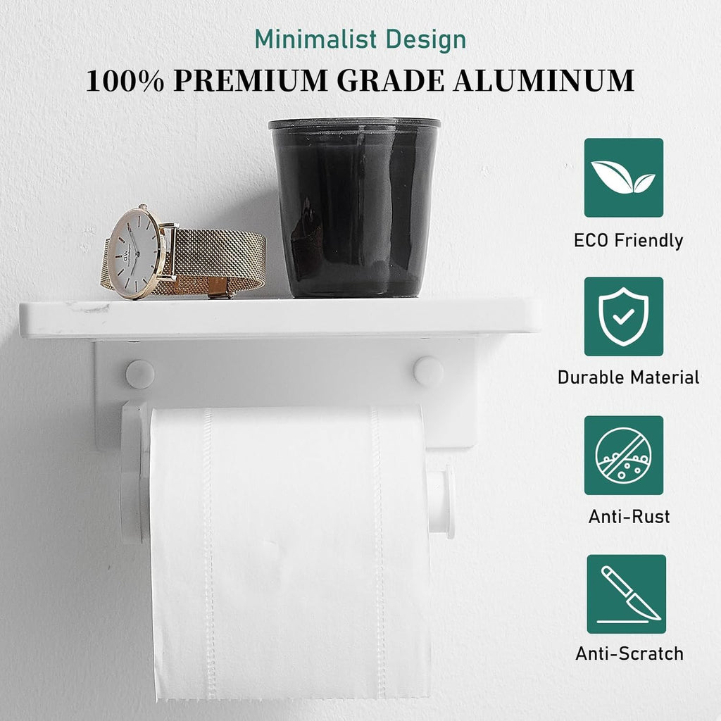 Toilet Paper Holder with Marble Shelf, Wall Mount White