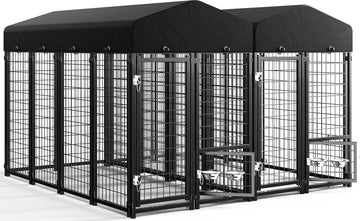 2PCS Outdoor Dog Kennel Outside Run with Doggy Door, Swivel Feeder&Roof - 8x4x6FT Large Dog Kennels Pens Outside