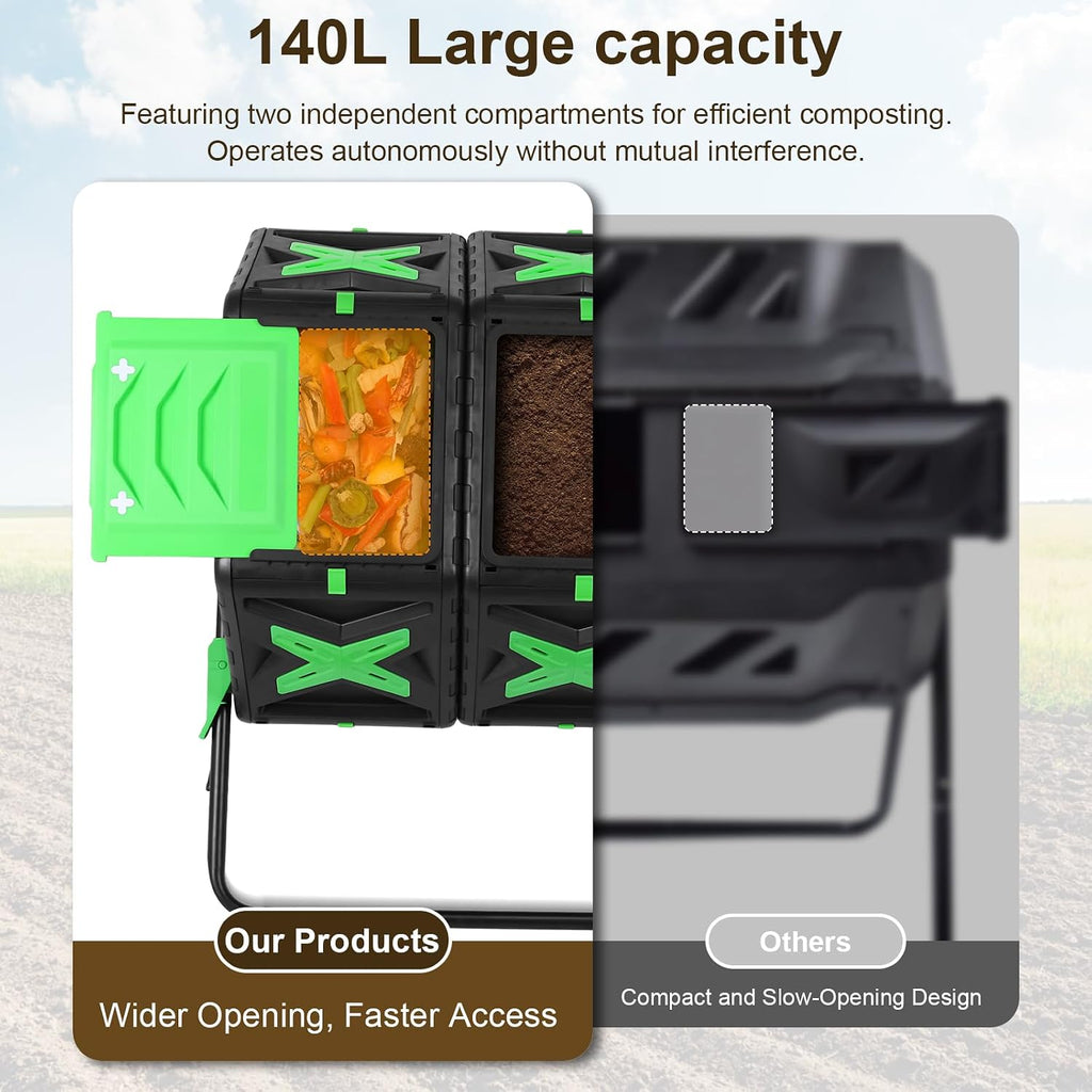 140L Dual Chamber Efficient Outdoor Compost Bin with Sliding Door | 360 Degree Rotating Large Composter Easy Setup