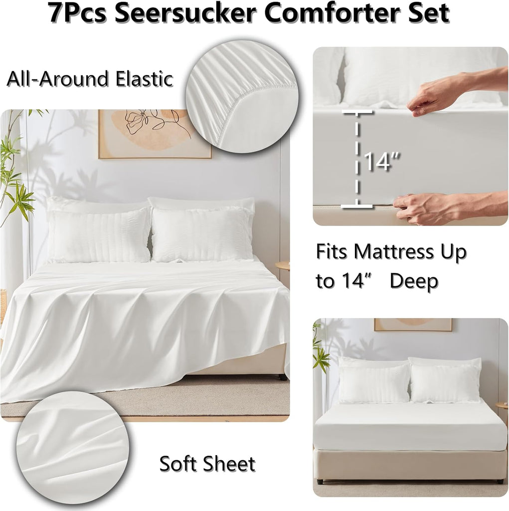Oversized Queen Comforter Set White Seersucker 7 Pieces 98x98 Bed in a Bag Comforter Set with Sheets