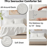 Oversized Queen Comforter Set White Seersucker 7 Pieces 98x98 Bed in a Bag Comforter Set with Sheets