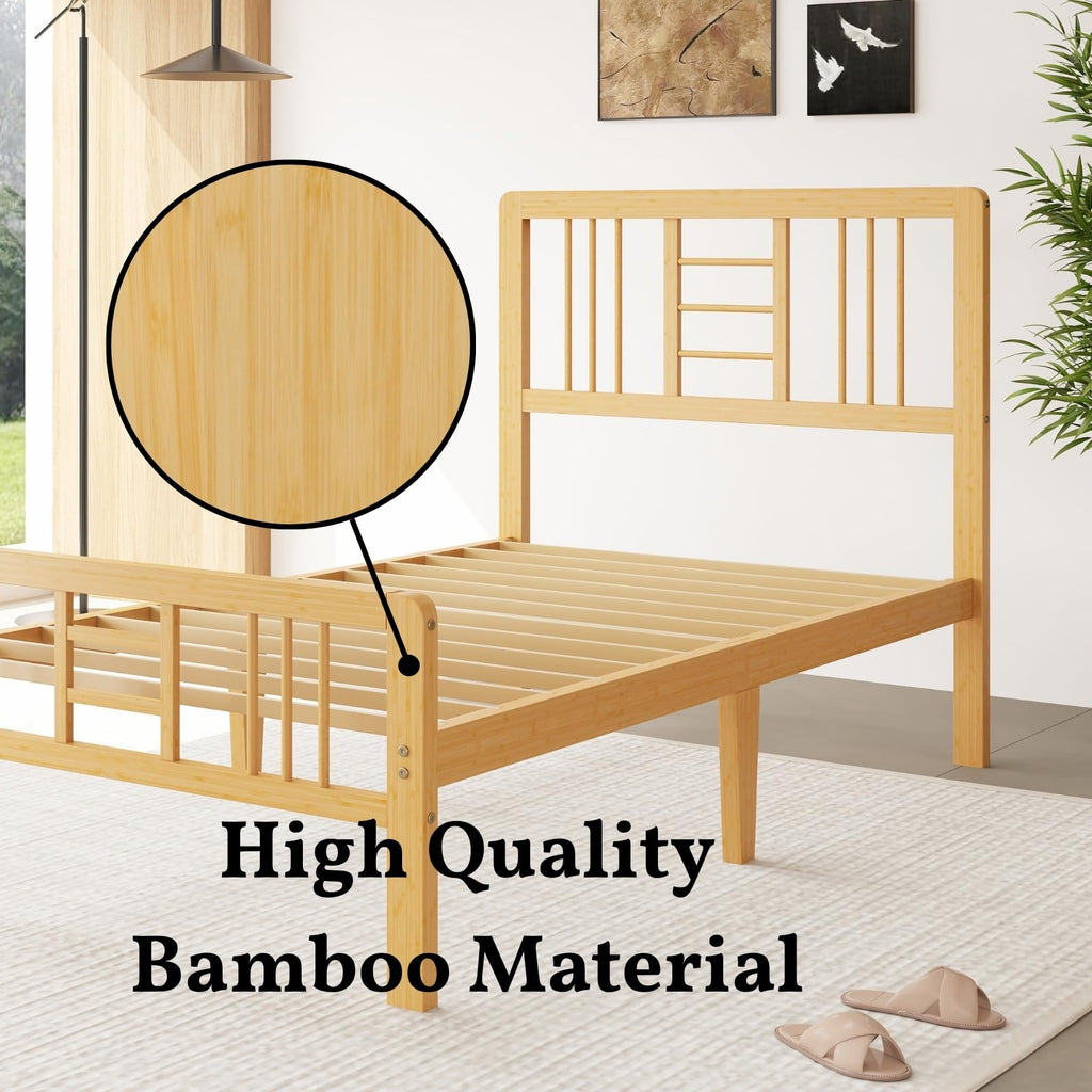14 Inch Bamboo Wood Twin Size Platform Bed Frame with Headboard and Footboard, Metal Slat Support Bed Frame Twin