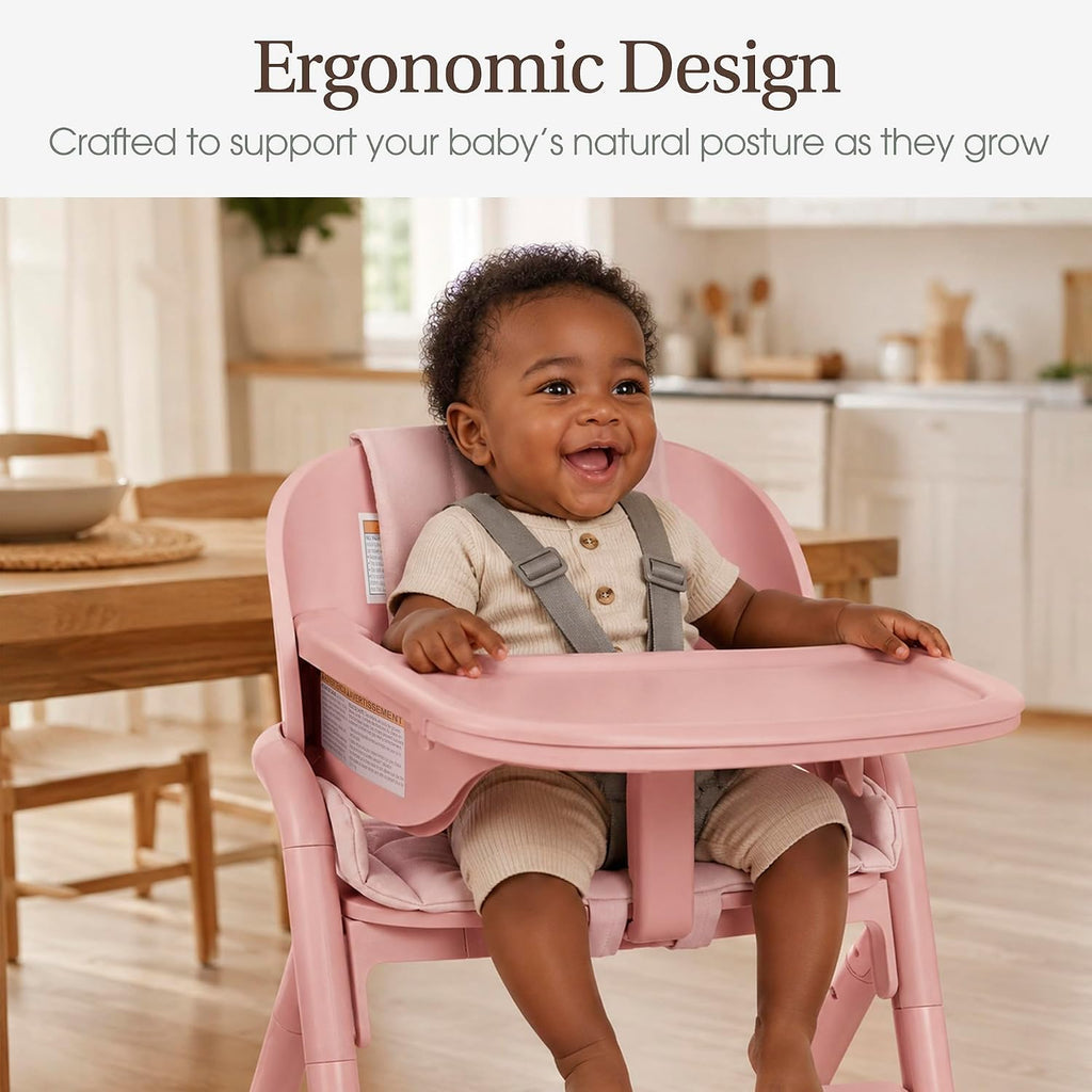Step and Savor Convertible Wooden Baby High Chair-Rose Petal | Beech Wood Seat, 5-Position Height Adjust, Double