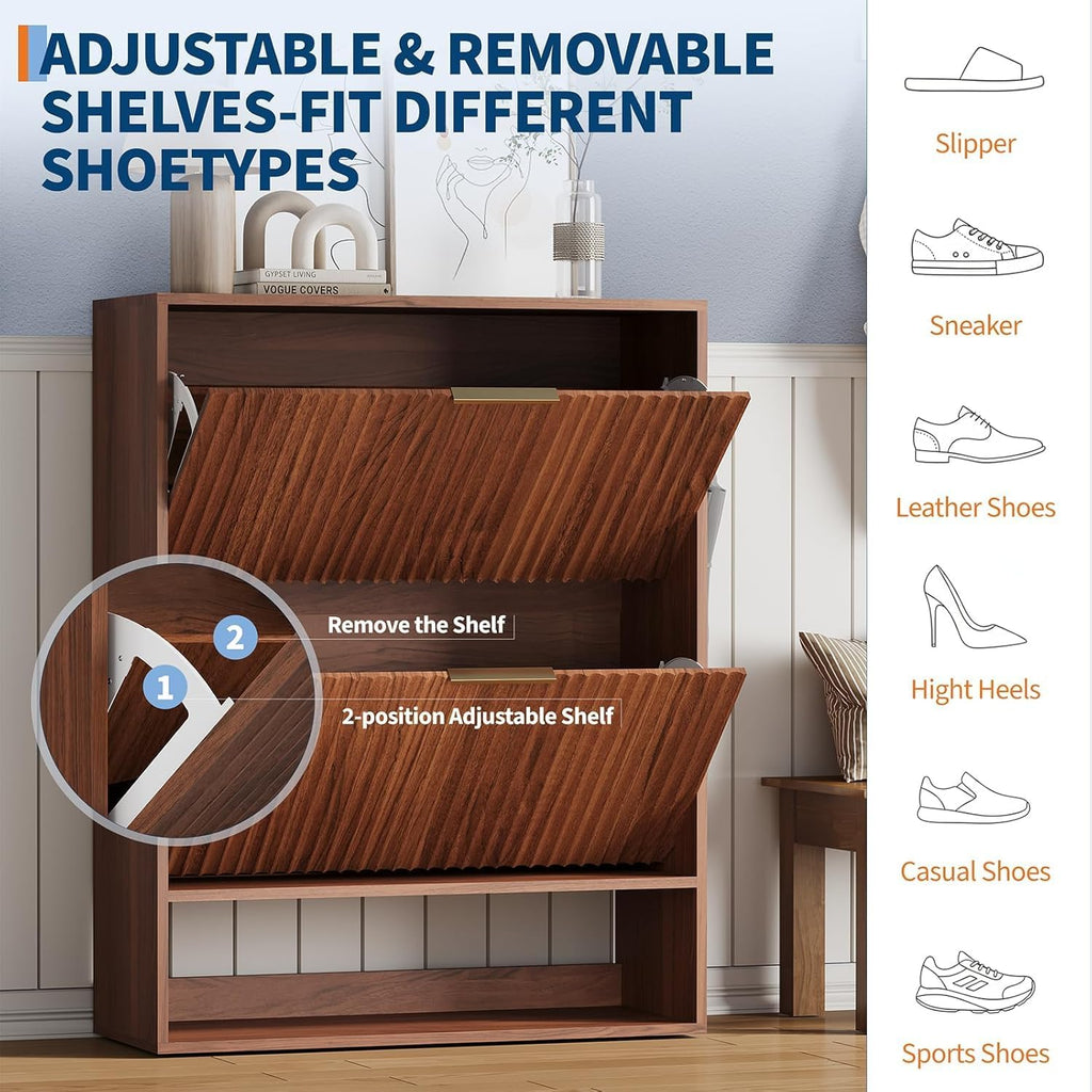 Shoe Cabinet , Narrow Freestanding Shoe Cabinet Storage with 2 Flip Drawers, Open Bottom Shelf & Side Hooks, Slim
