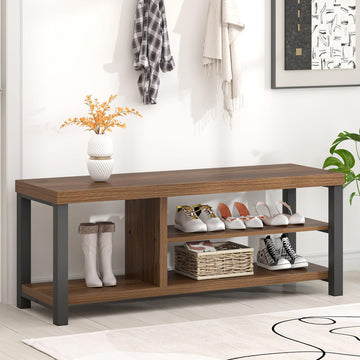 Shoe Bench, Modern Wood and Metal Storage Bench Hallway, Industrial Indoor Shoe Rack Bench Seat, Rustic Walnut, 43.3