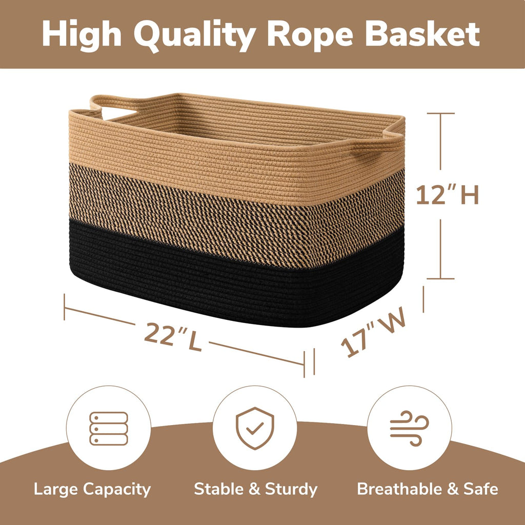 75L Large Woven Blanket Basket, 22" x 17" x 12", Black & Jute