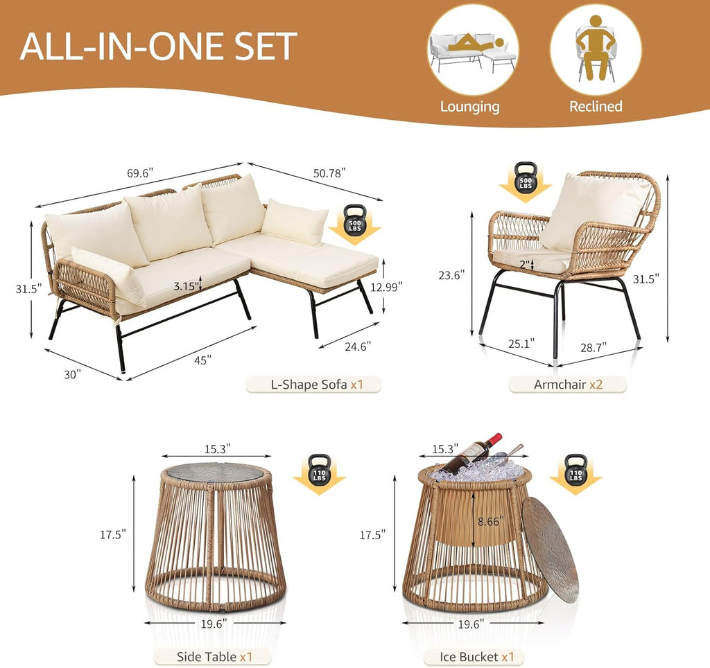 6 Pcs Boho Outdoor Patio Furniture Set, High Back L-Shaped Outdoor Couch with Ice Bucket Table