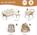 6 Pcs Boho Outdoor Patio Furniture Set, High Back L-Shaped Outdoor Couch with Ice Bucket Table