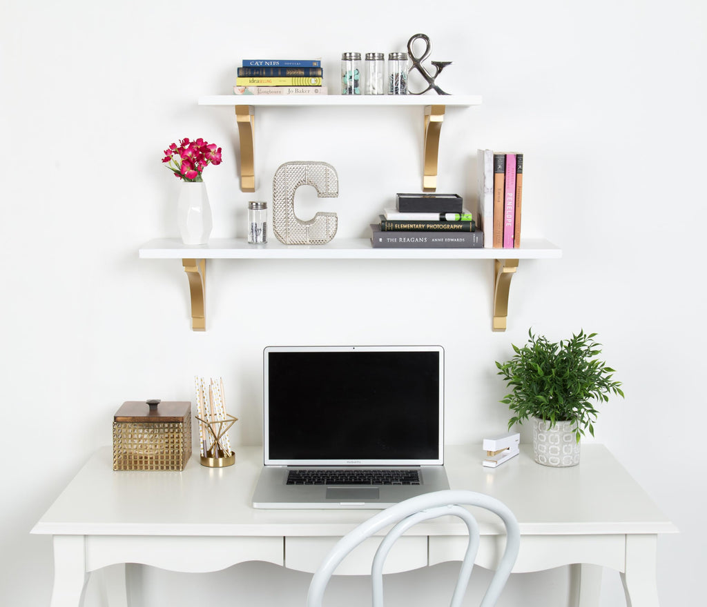 Corblynd Traditional Wood Wall Shelf, 36 inches, White with Gold Corbels