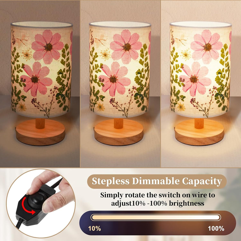Dried Flowers Small Table Lamp 9W LED Dimmable Warm Light Pressed Flower Bedside Lamp Linen Shade with Wood Base