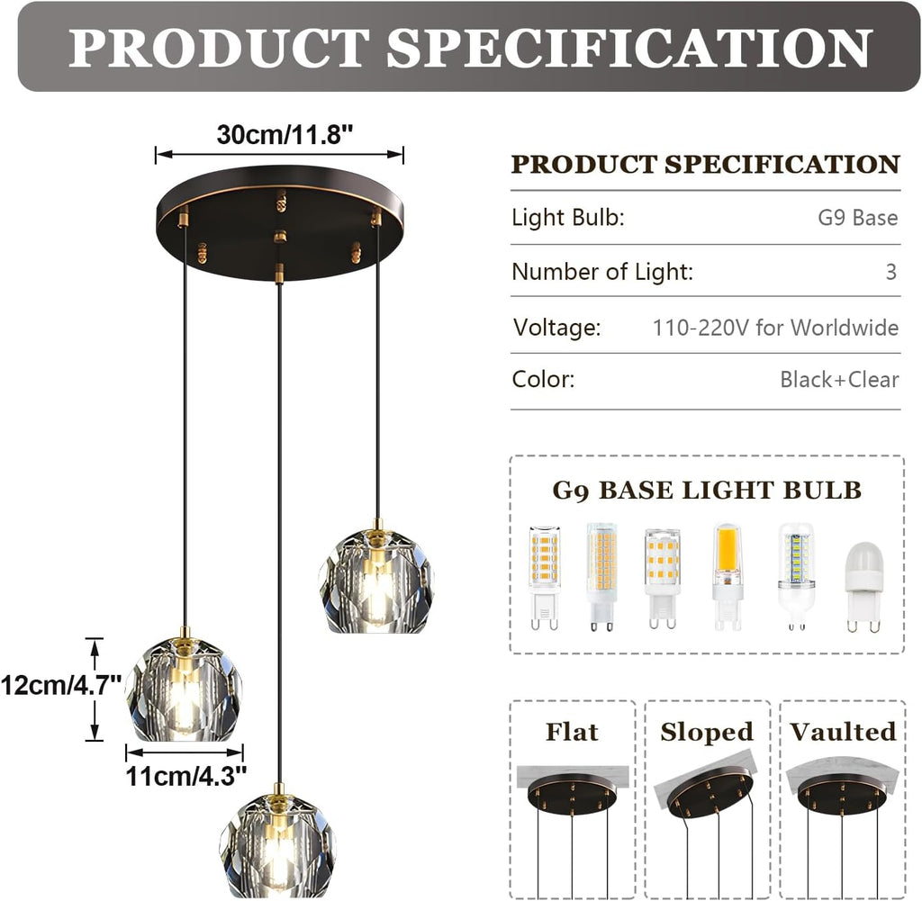 3 Light Cluster Pendant Lighting Black Crystal Chandelier Small Crystal Pendant Lights Kitchen Island Modern Hanging Light Fixture Gold Dining Room Light Fixtures Over Table A116-B0F8VW5DM2