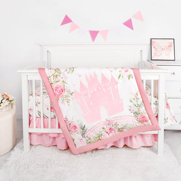 4 Pcs Pink Crib Bedding Set for Girls, Castle Baby Crib Comforter
