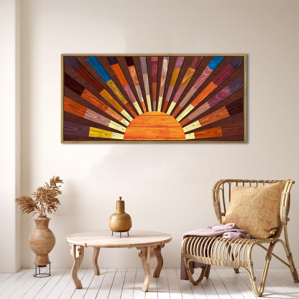 Extra Large Wood Sun Framed Wall Art 20x40 Inch Boho Sunrise 3D Geometric Wall Decor Mid century Sunshine Painting