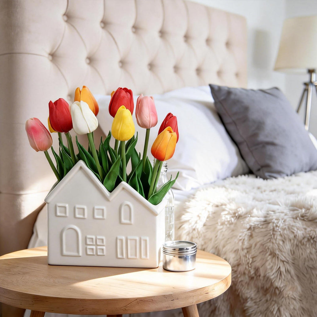 Artificial Tulips Flowers in Ceramic Pot, Real Touch Fake Tulips PU Flower Arrangement, Faux Tulips Potted for Dining
