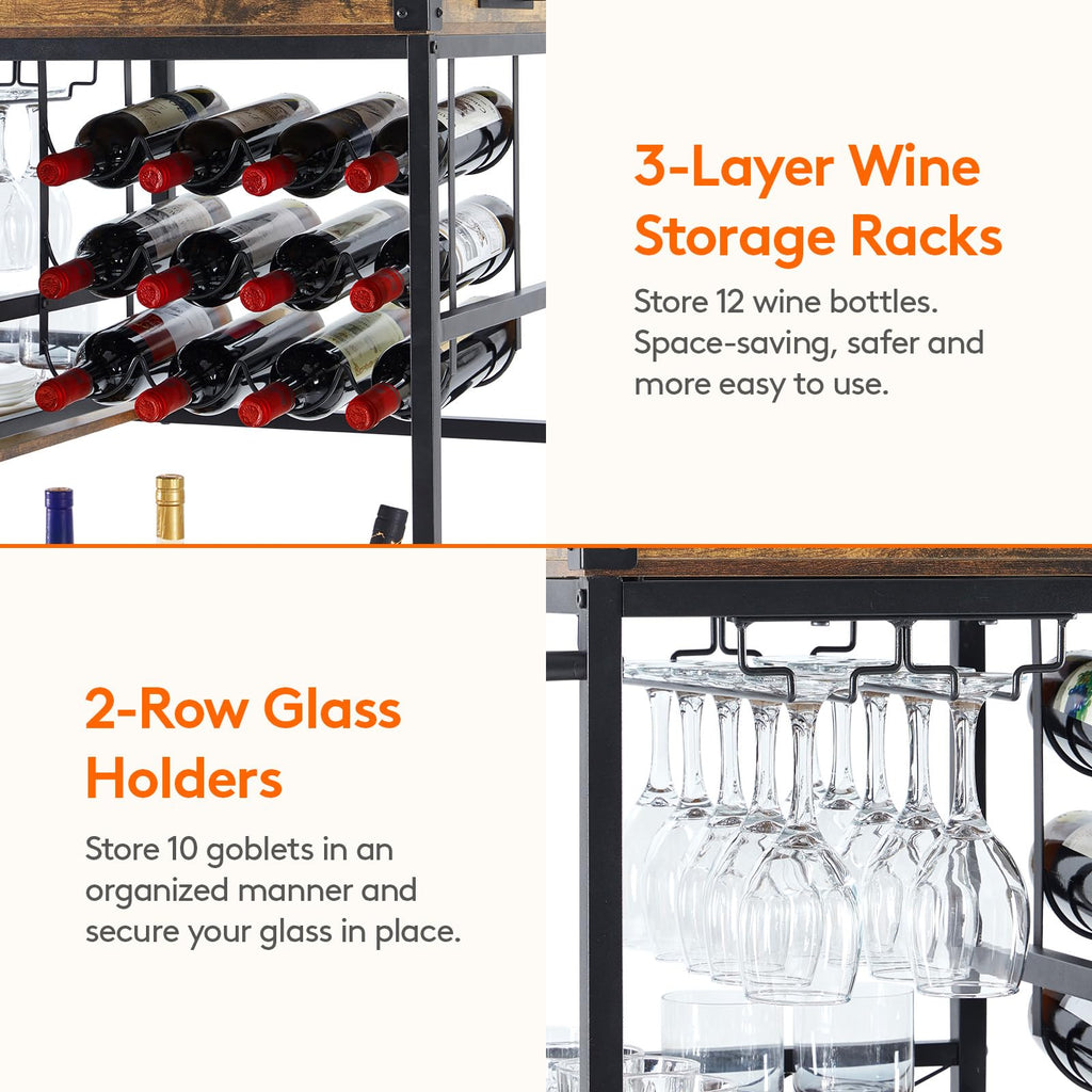 3 Tier Bar Cart with 12 Wine Racks, Serving Trolley, Rustic Brown