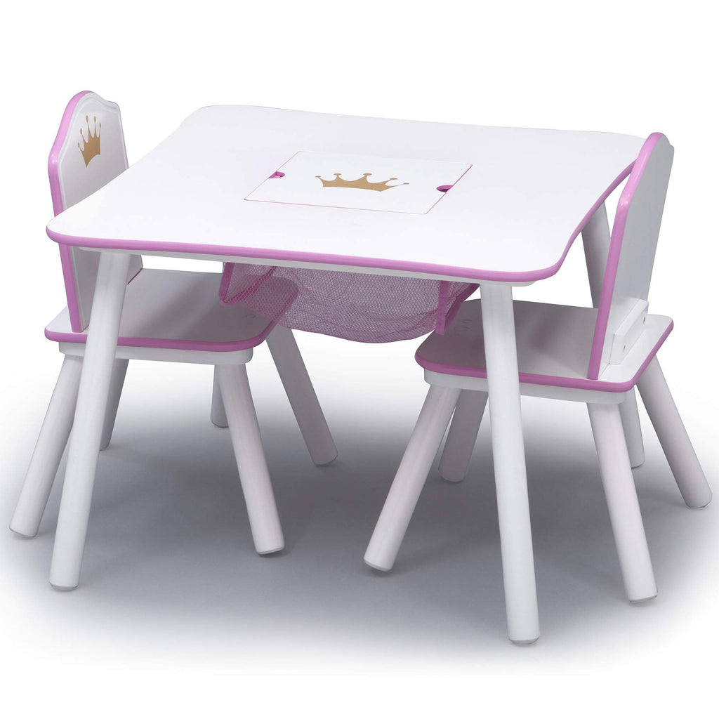 Children Princess Crown Kids Wood Table and Chair Set with Storage - Greenguard Gold Certified, White/Pink