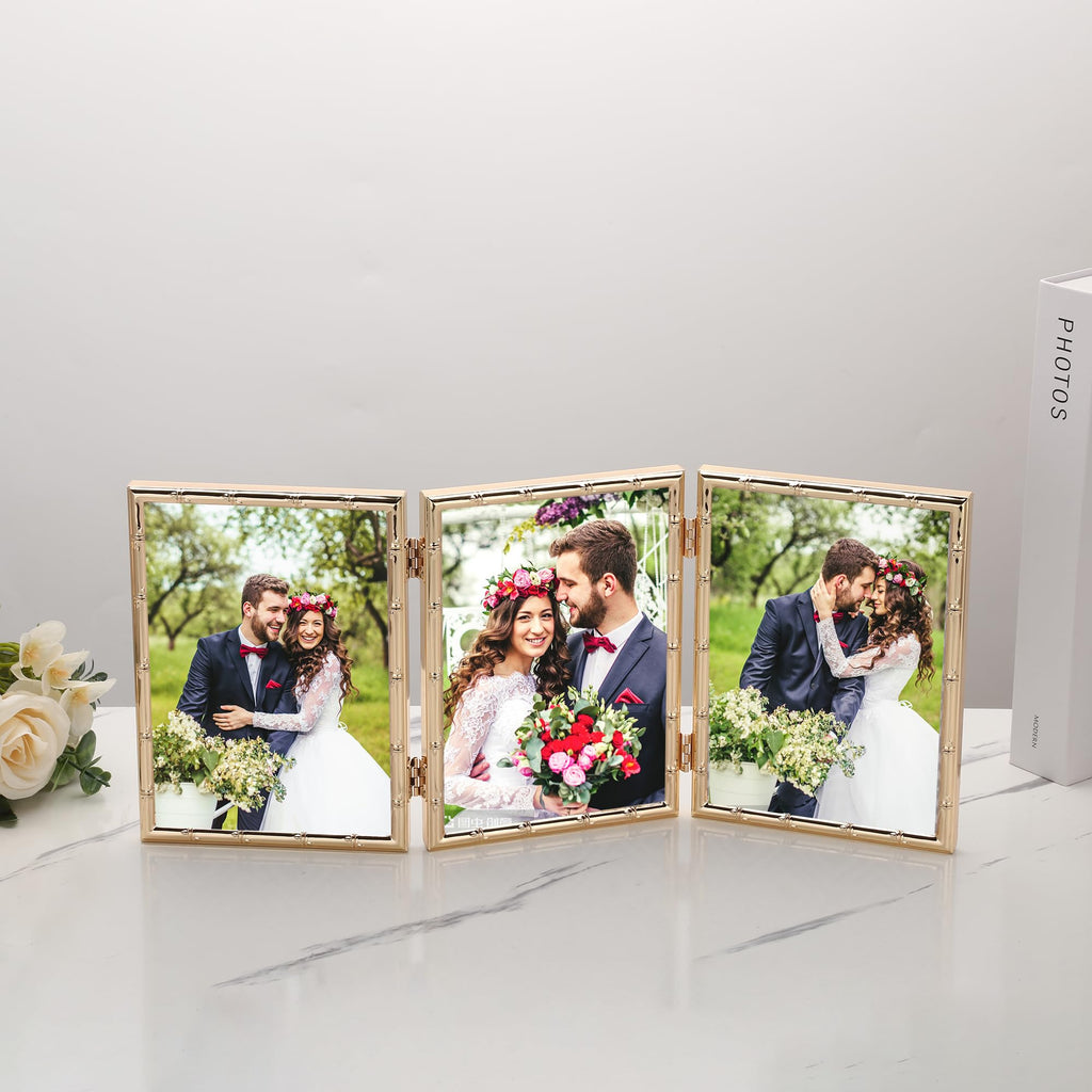 Dark Gold 4x6'' Bamboo Detail Designs Hinged Triple Metal Picture Frame, Elegant Gold Plated Wedding Photo Frames With