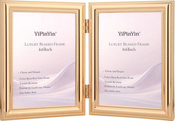 Classic Gold Plated 4x6'' Double Picture Frame, Metal Beaded Design, Real Glass Front and Premium Soft Velvet