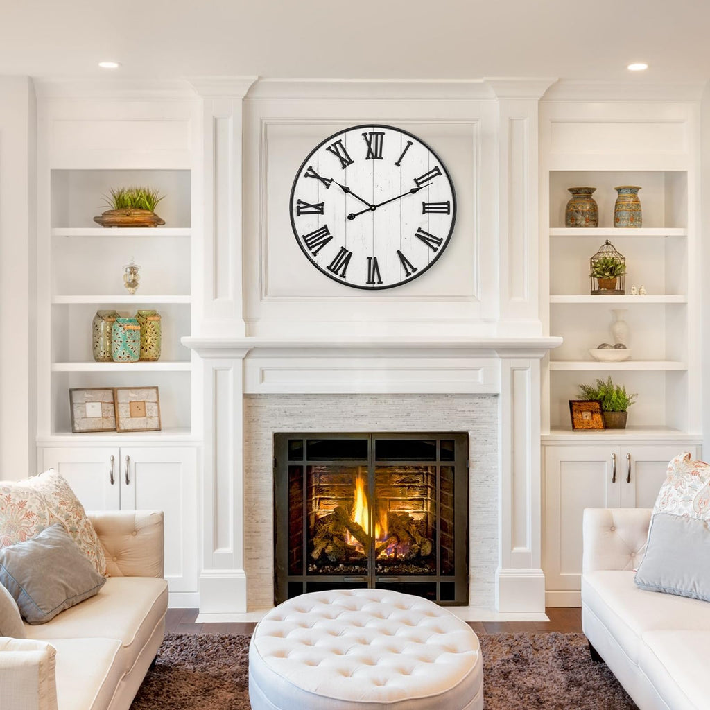 Large Rustic Wooden Wall Clock, 24 Inch Whitewashed Farmhouse Wall Clock with Carved Roman Numerals, Silent Battery