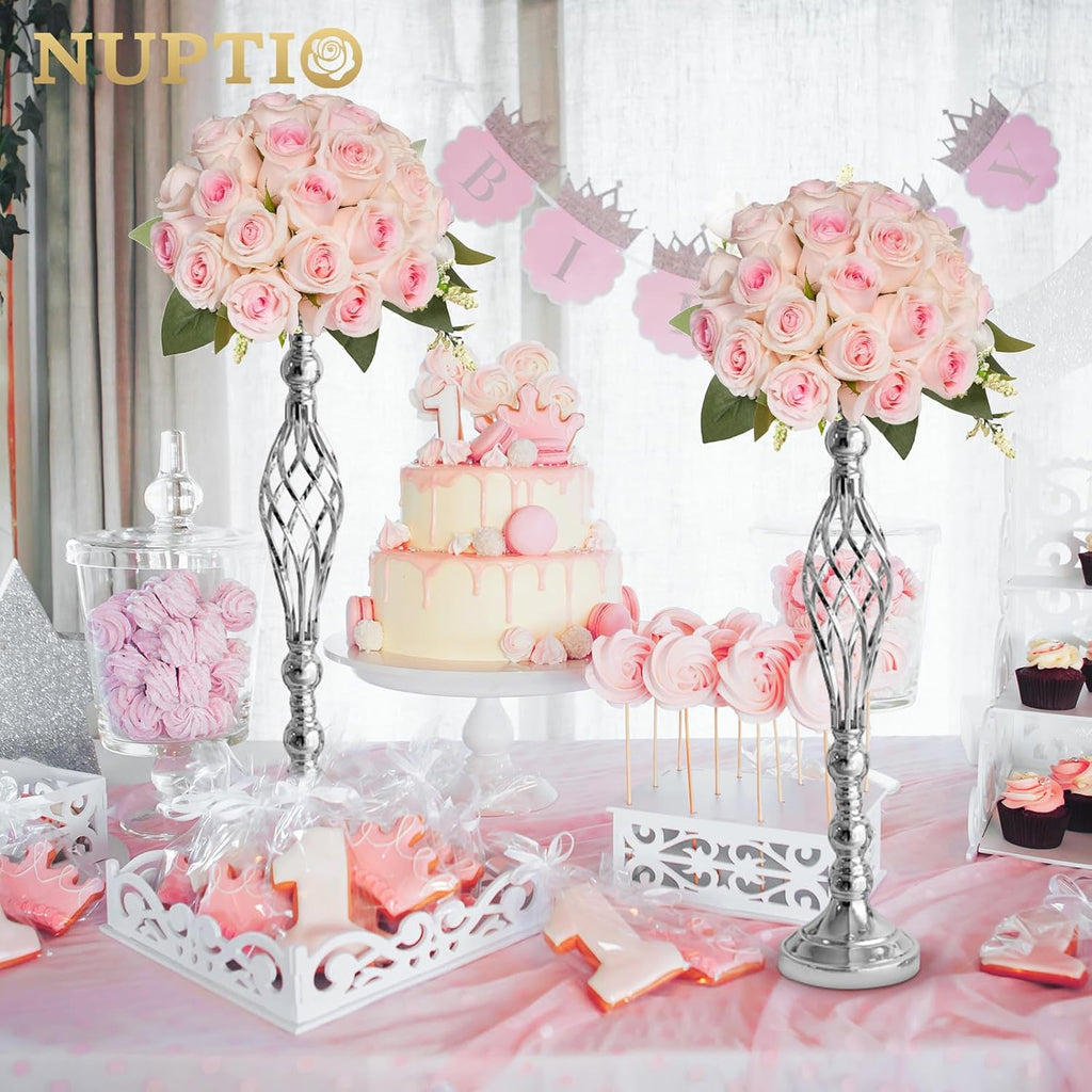 Silver Centerpiece Stand for Table, Twist Style, 22.8" Tall, 10 Pcs | Versatile Flower Arrangement, Candle Holder