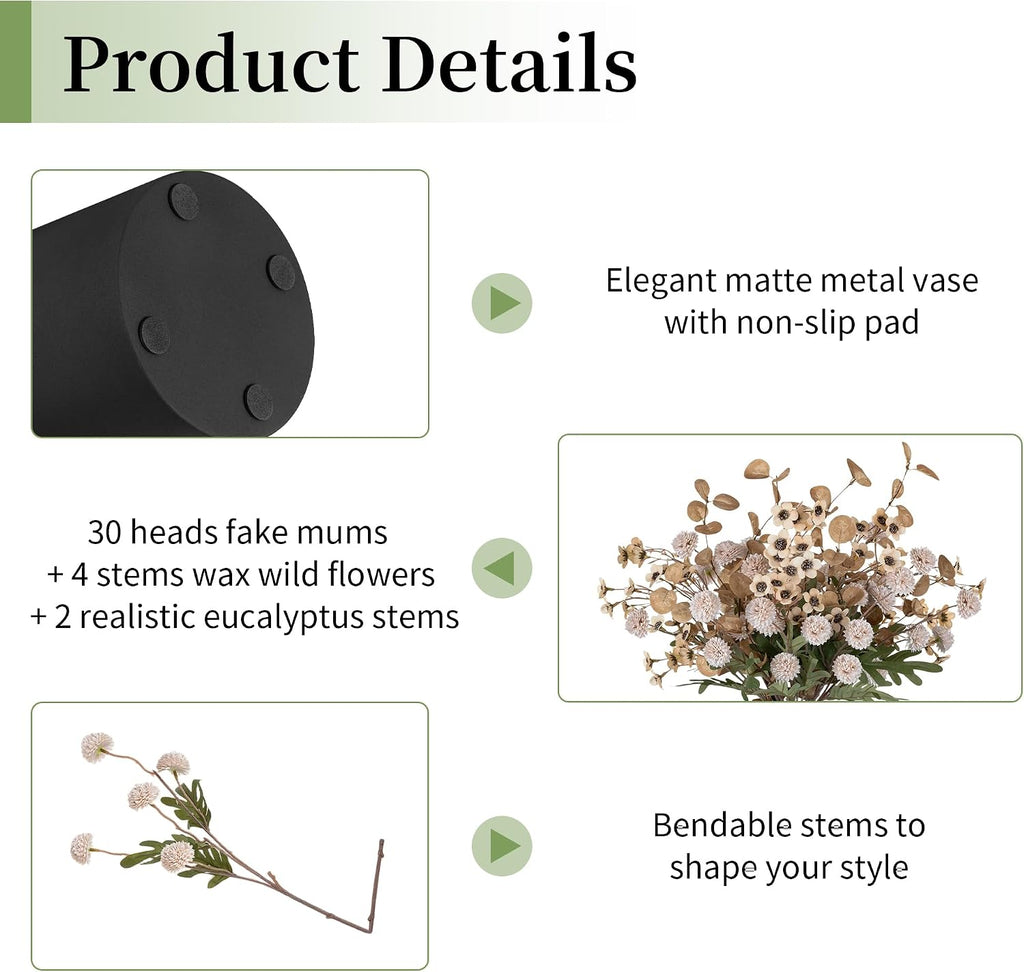 Beige Faux Flowers in Vase for Dining Table Centerpiece Decor | With Metal Vase 12 Stems of Fake Mums, Wax