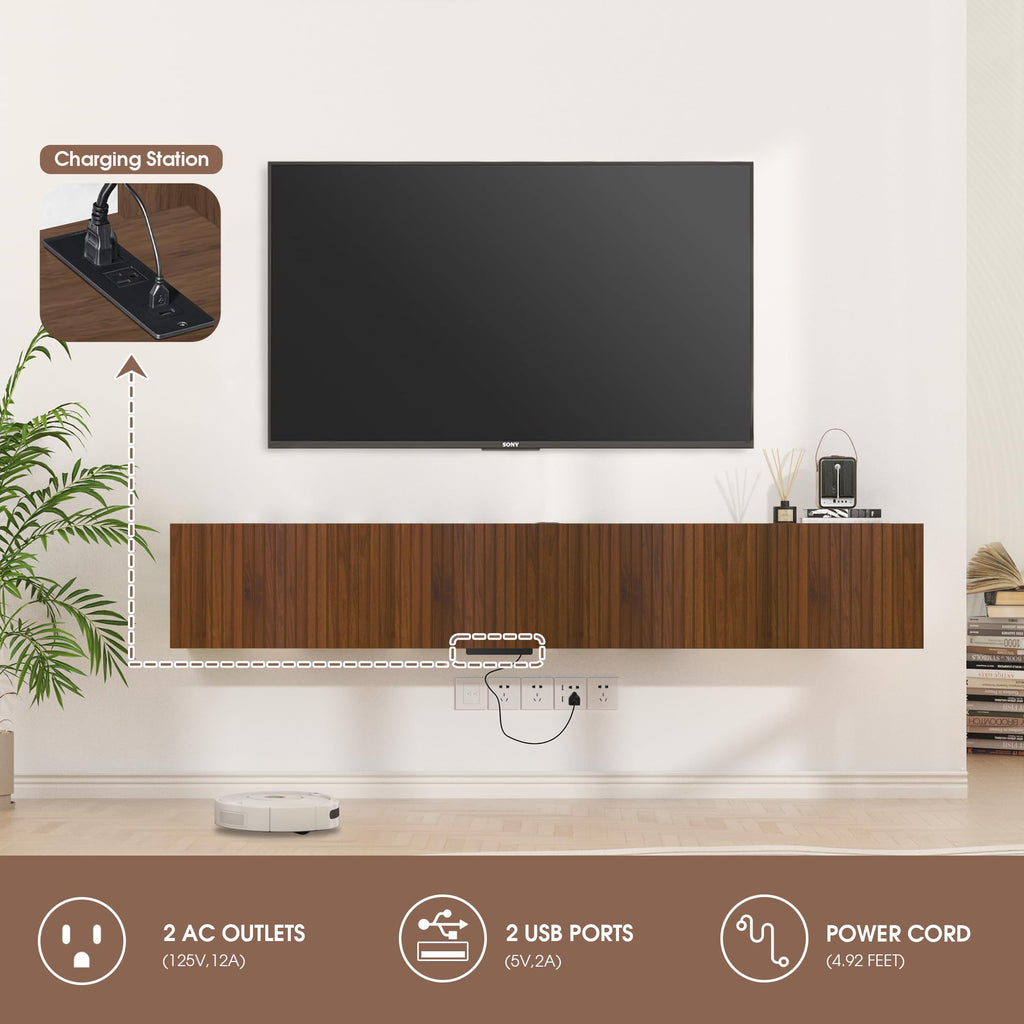 82" Floating TV Stand with LED Lights & Charging Station for 80 inch TV, Wall Mounted Entertainment Center, Modern