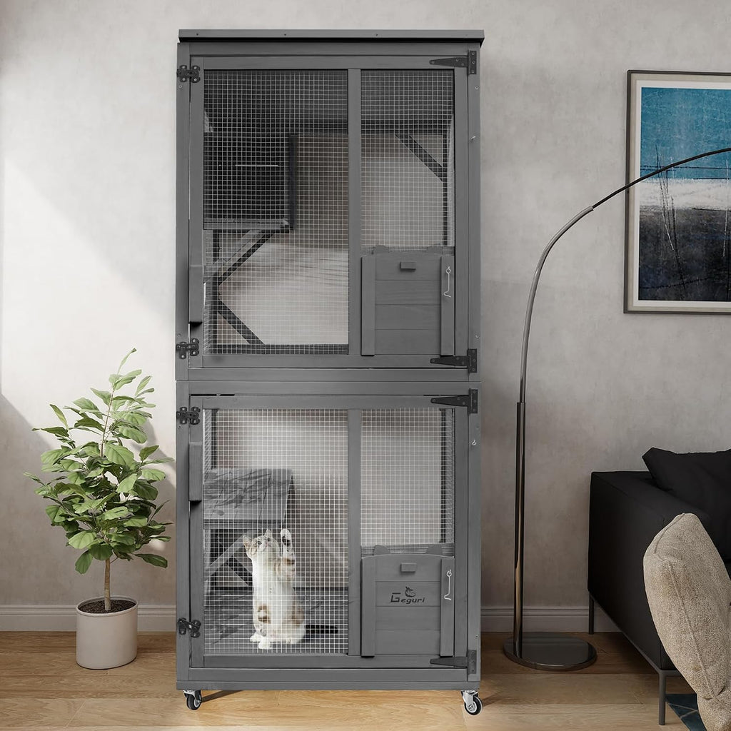 Cat Catio Outdoor Cat Enclosure, Large Wooden Kitten Patio Indoor with Upgraded Resting Box, Waterproof Roof