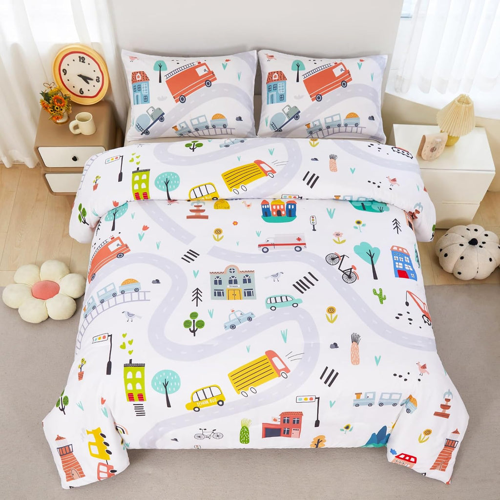 Twin Comforter Sets for Boys 3-Piece Cartoon Cars Kids Bedding Sets Soft and Lightweight White Construction Comforter