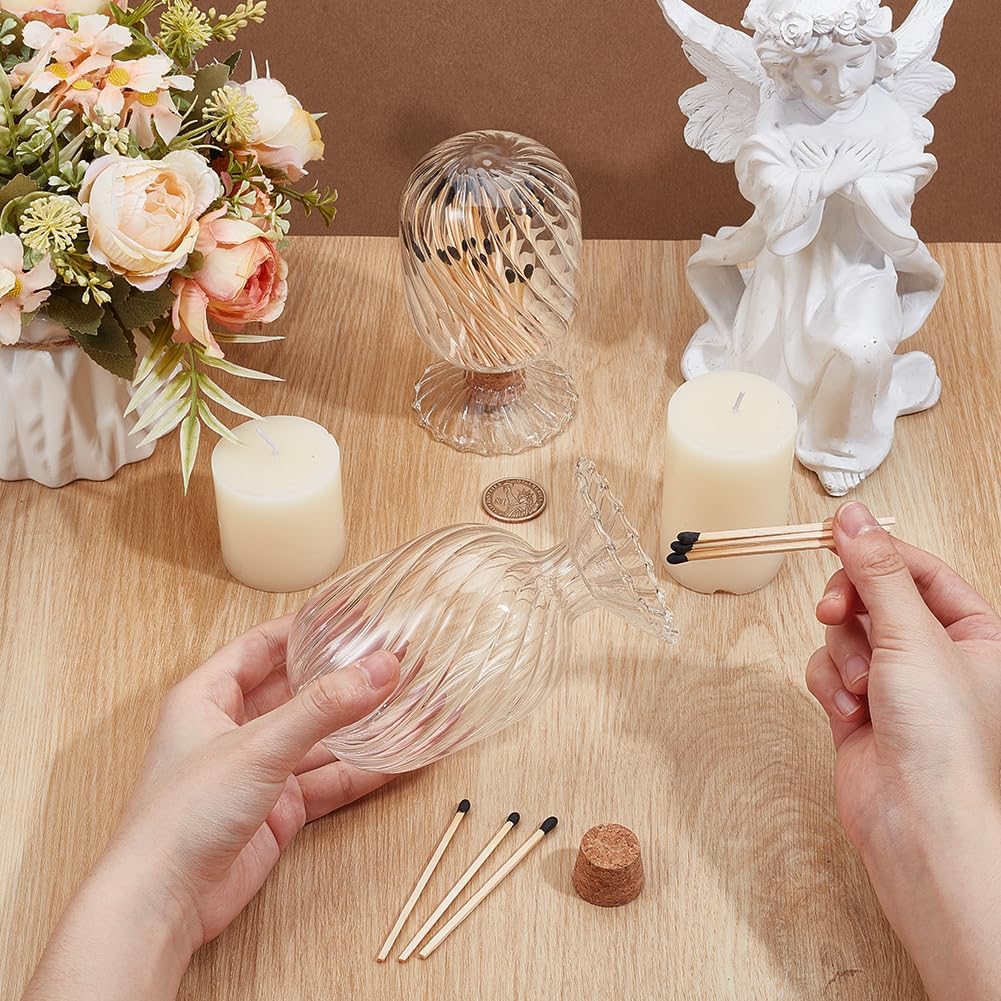 Glass Helix Match Holder Matches Cloche 5" Clear Decorative Match Holder Jar Small Items Beads Container Kitchen - Set of 2