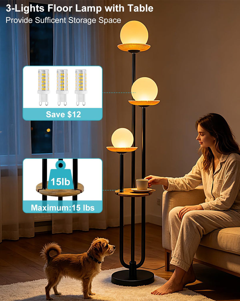 Black Floor Lamp Dimmable with Amber Glass Tray Tall Lamp